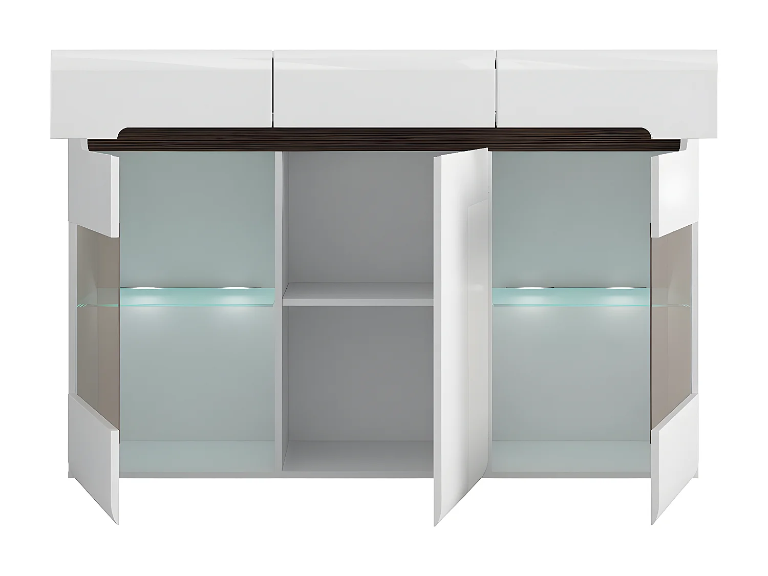Buffet vitré 3 portes 3 tiroirs avec LED Darrel Blanc laqué et Bois