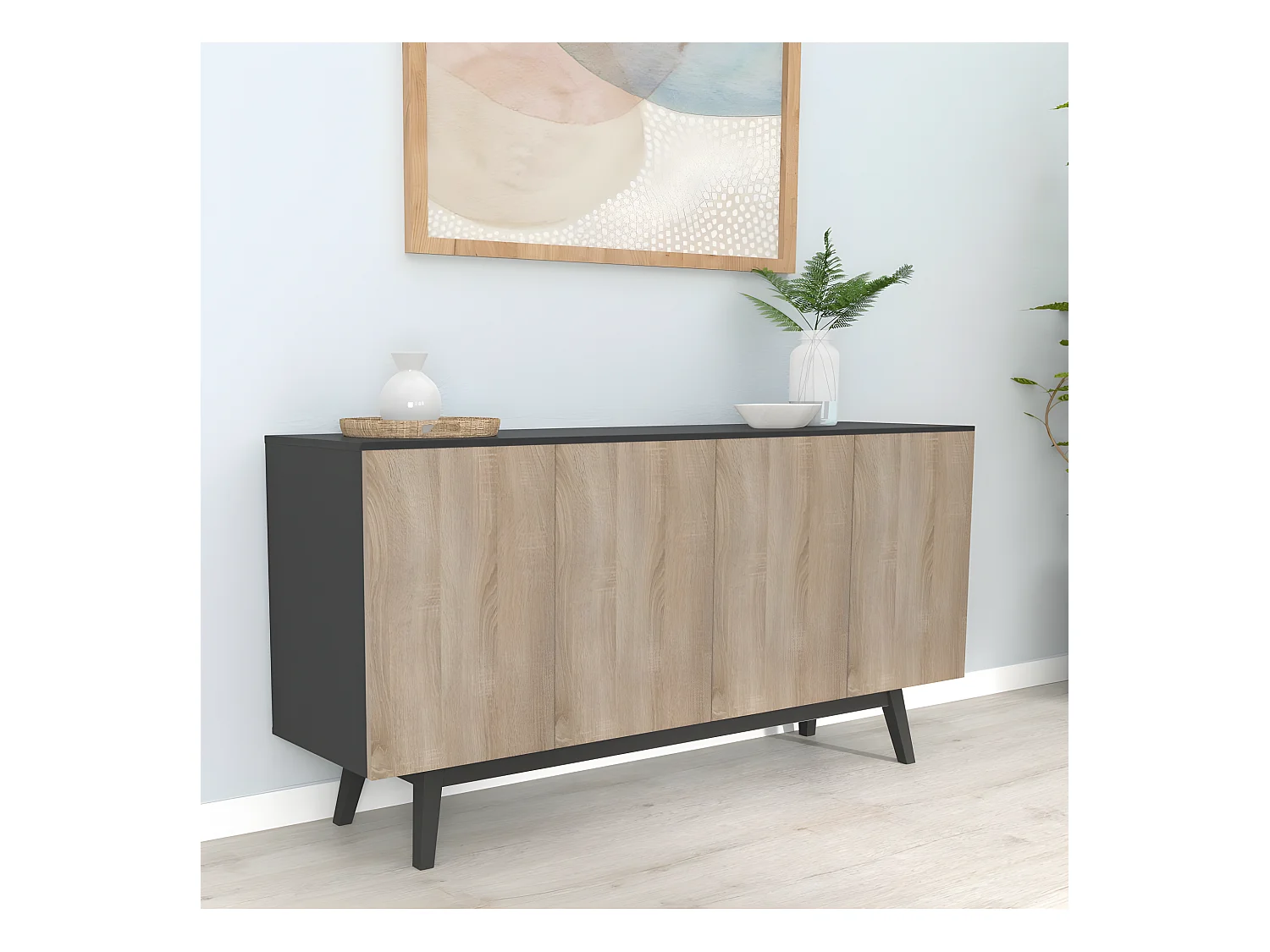 Bahut HOME 4 portes 2 tiroirs / Décor Noir et Chêne Blanchi