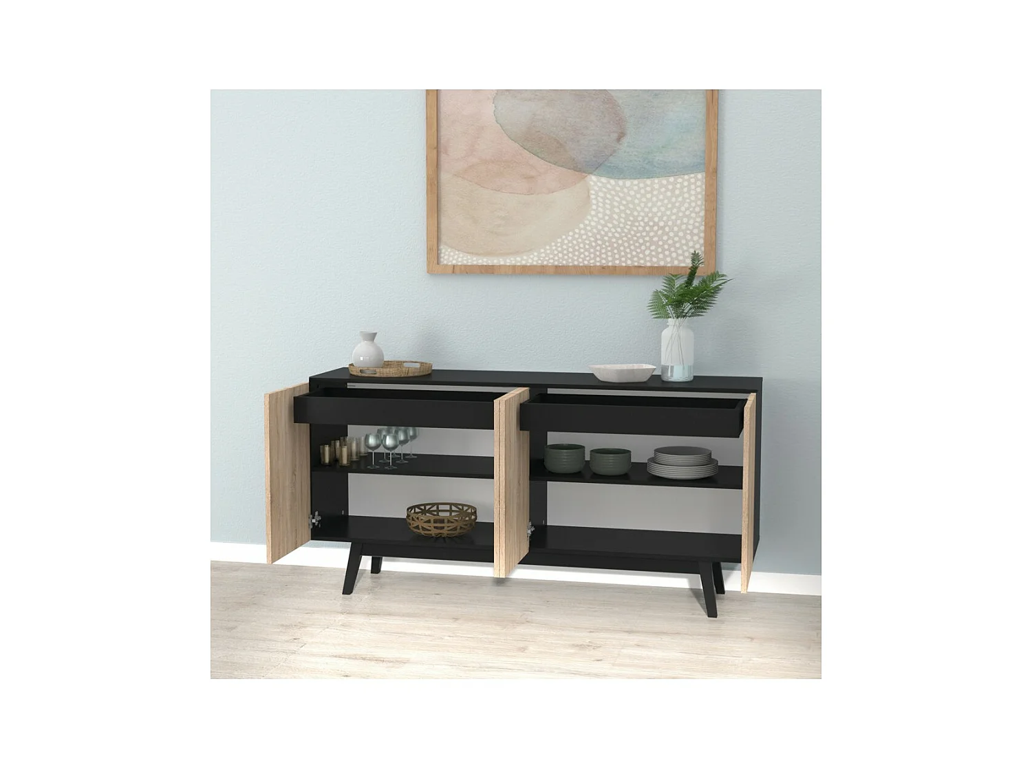 Bahut HOME 4 portes 2 tiroirs / Décor Noir et Chêne Blanchi