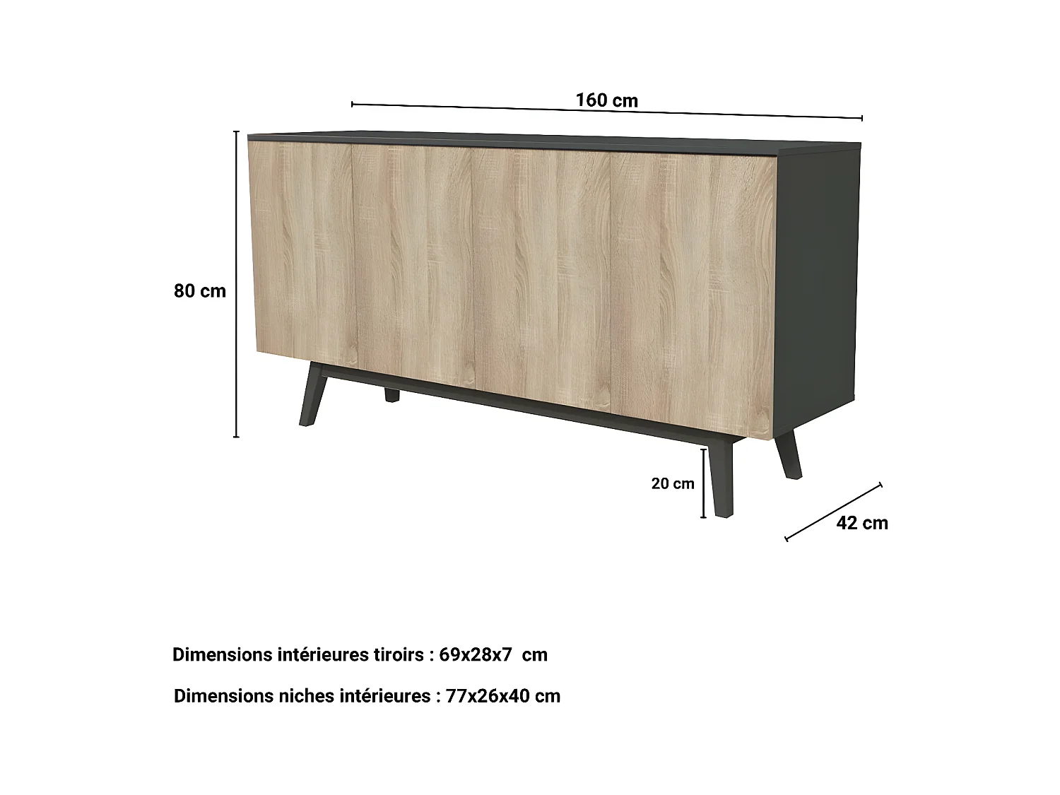 Bahut HOME 4 portes 2 tiroirs / Décor Noir et Chêne Blanchi