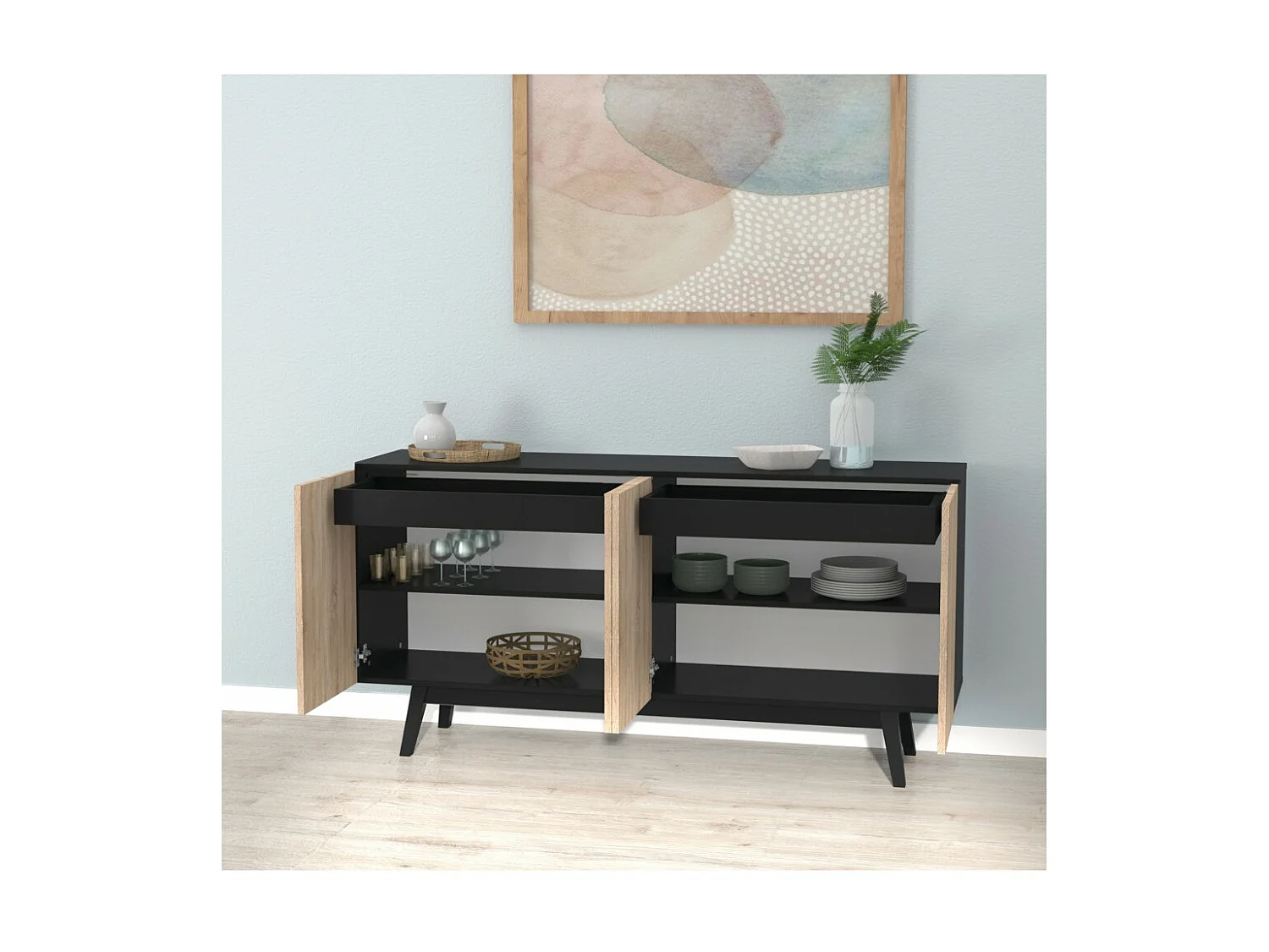 Bahut HOME 4 portes 2 tiroirs / Décor Noir et Chêne Blanchi