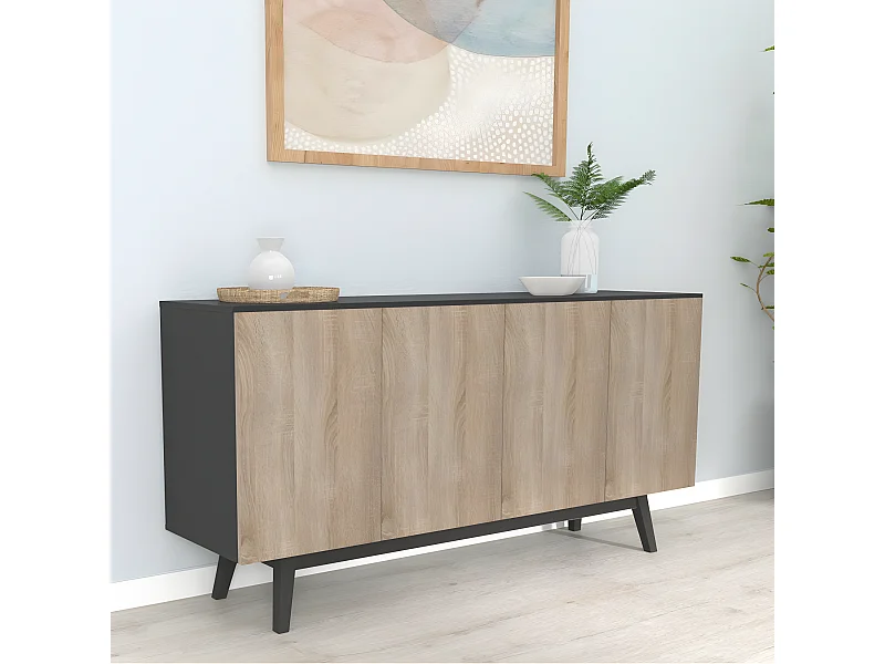 Bahut HOME 4 portes 2 tiroirs / Décor Noir et Chêne Blanchi