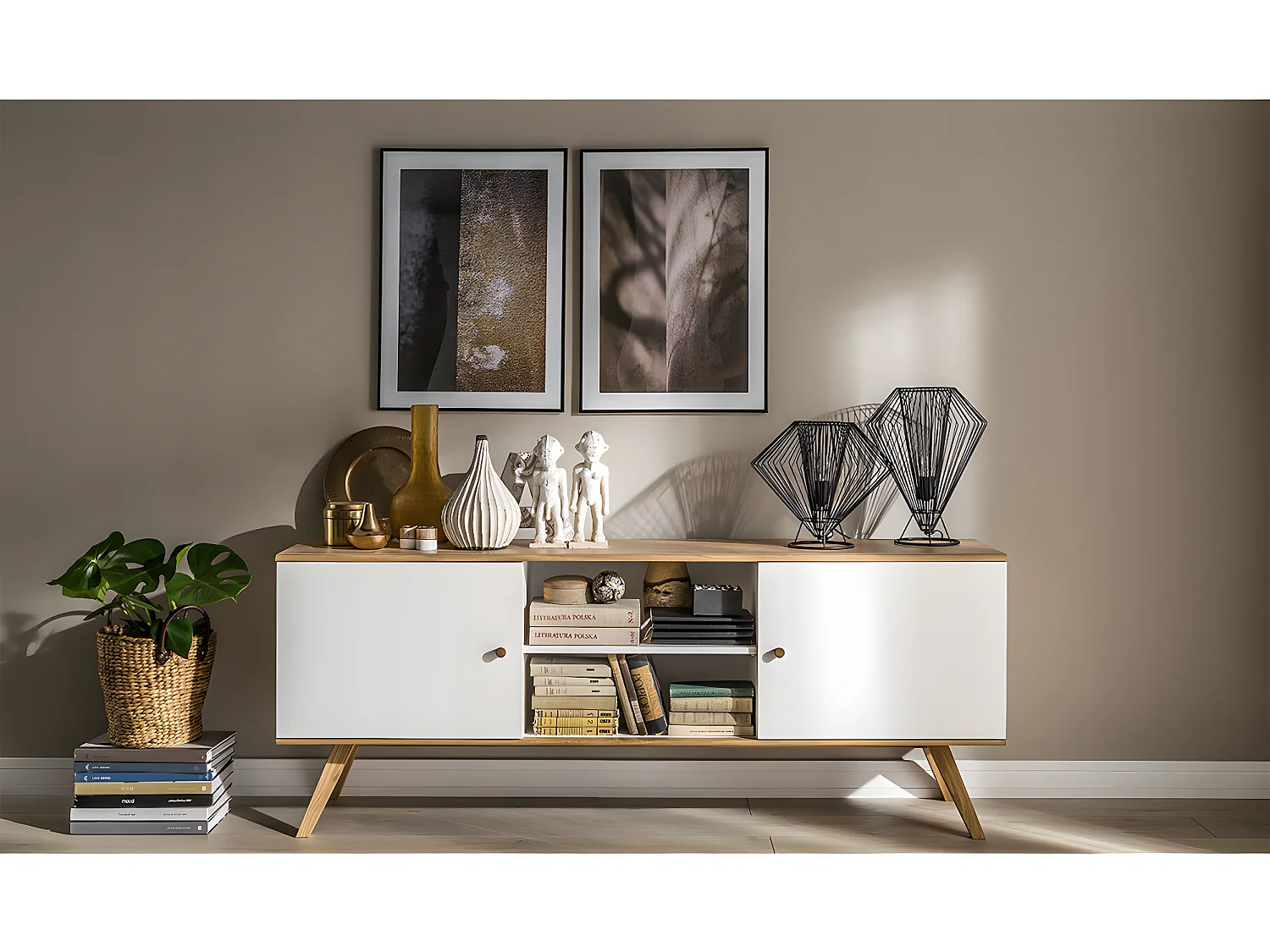 Buffet long et bas 2 portes Nature Blanc