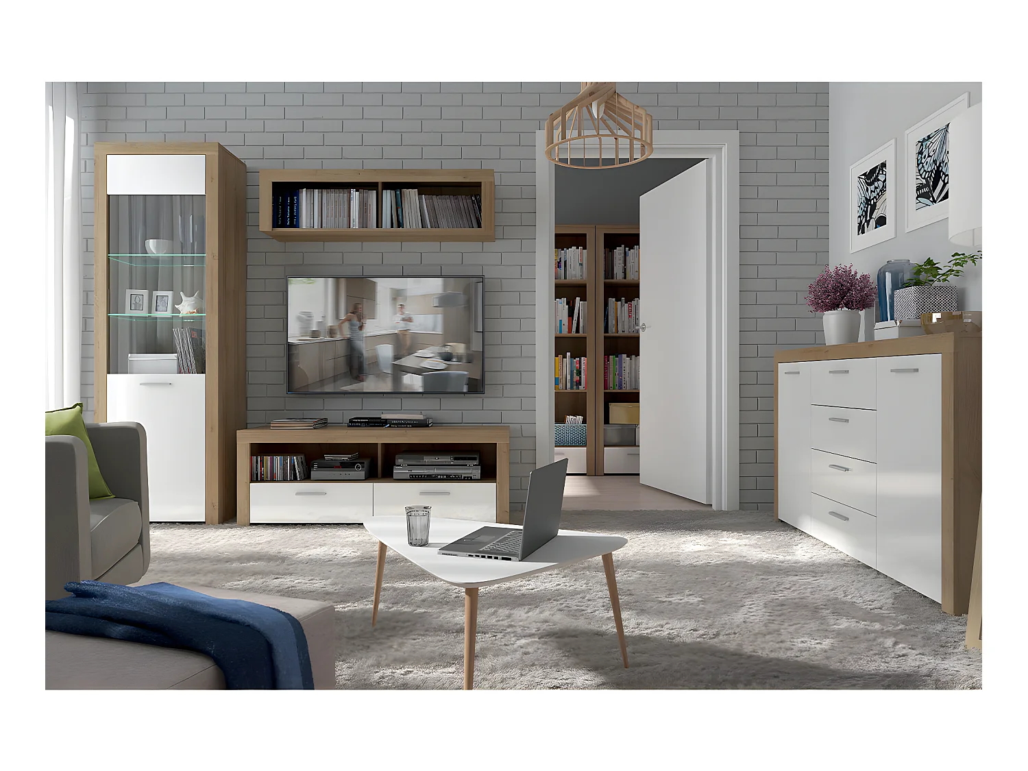 Buffet 2 portes 4 tiroirs Nora Blanc et Bois