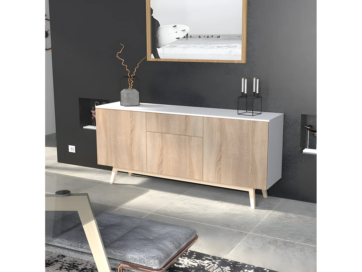 Bahut HOME 3 portes 1 tiroir / Décor Blanc et Chêne Blanchi