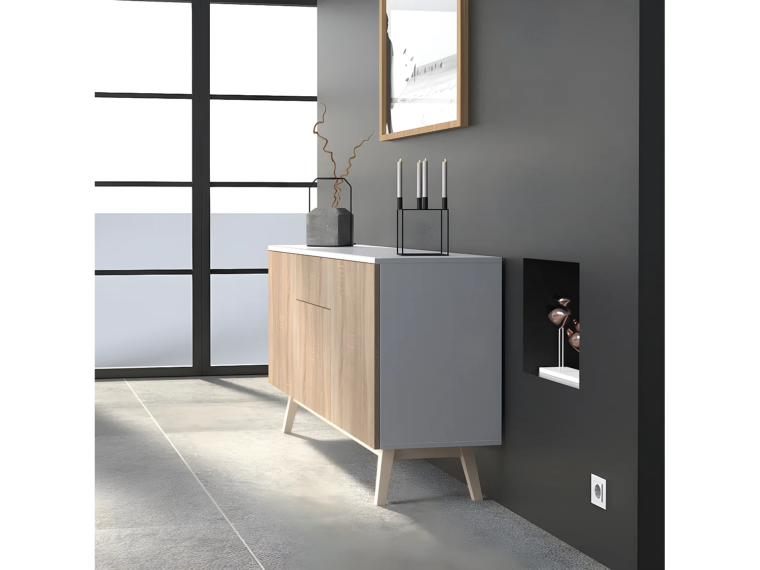 Bahut HOME 3 portes 1 tiroir / Décor Blanc et Chêne Blanchi