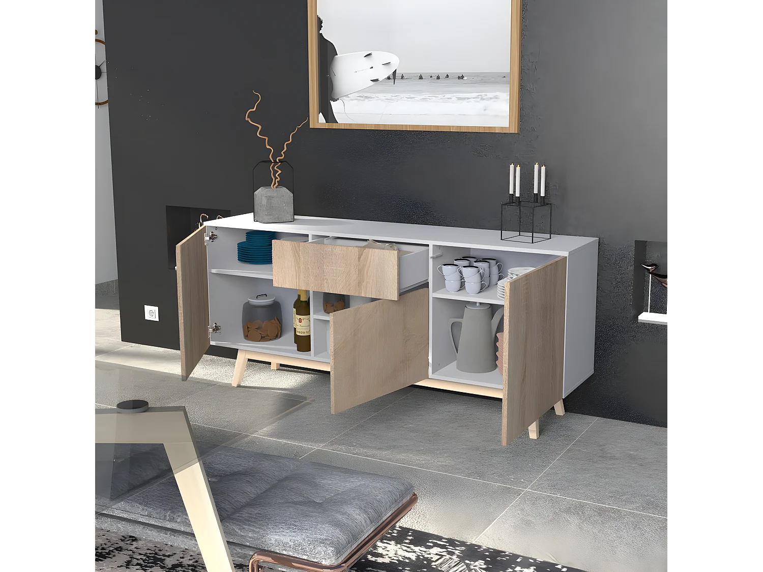 Bahut HOME 3 portes 1 tiroir / Décor Blanc et Chêne Blanchi