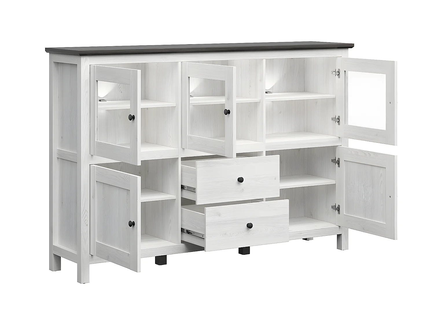 Aparador 2 gavetas Duck branco com pátina e madeira escura 126cm