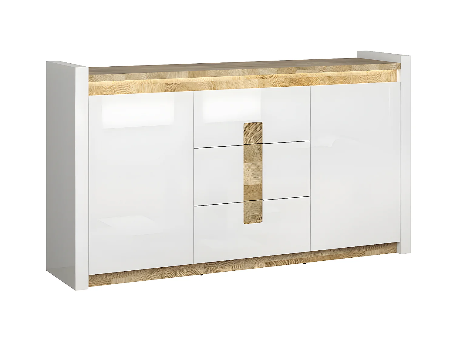 Buffet 2 portes 3 tiroirs avec LED Helios Blanc laqué et Bois