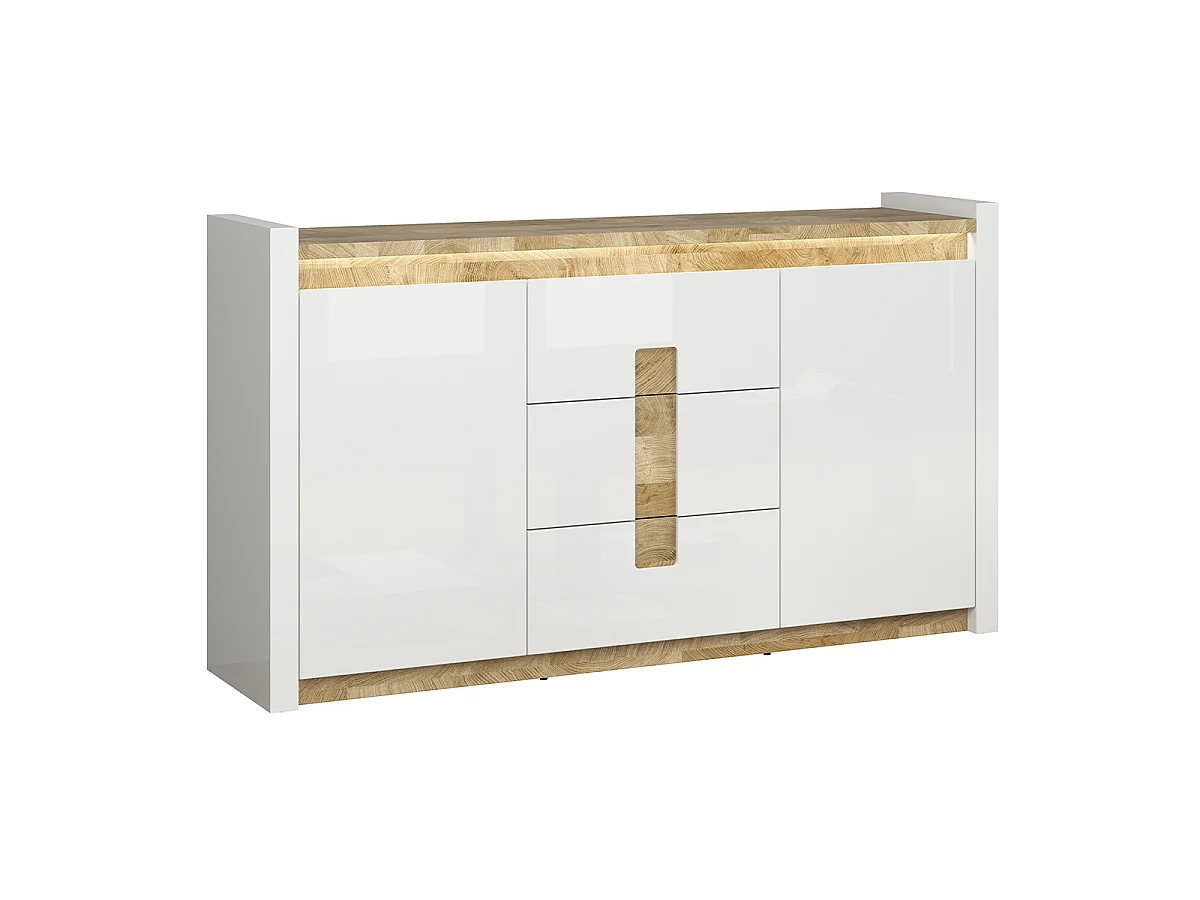 Buffet 2 portes 3 tiroirs avec LED Helios Blanc laqué et Bois