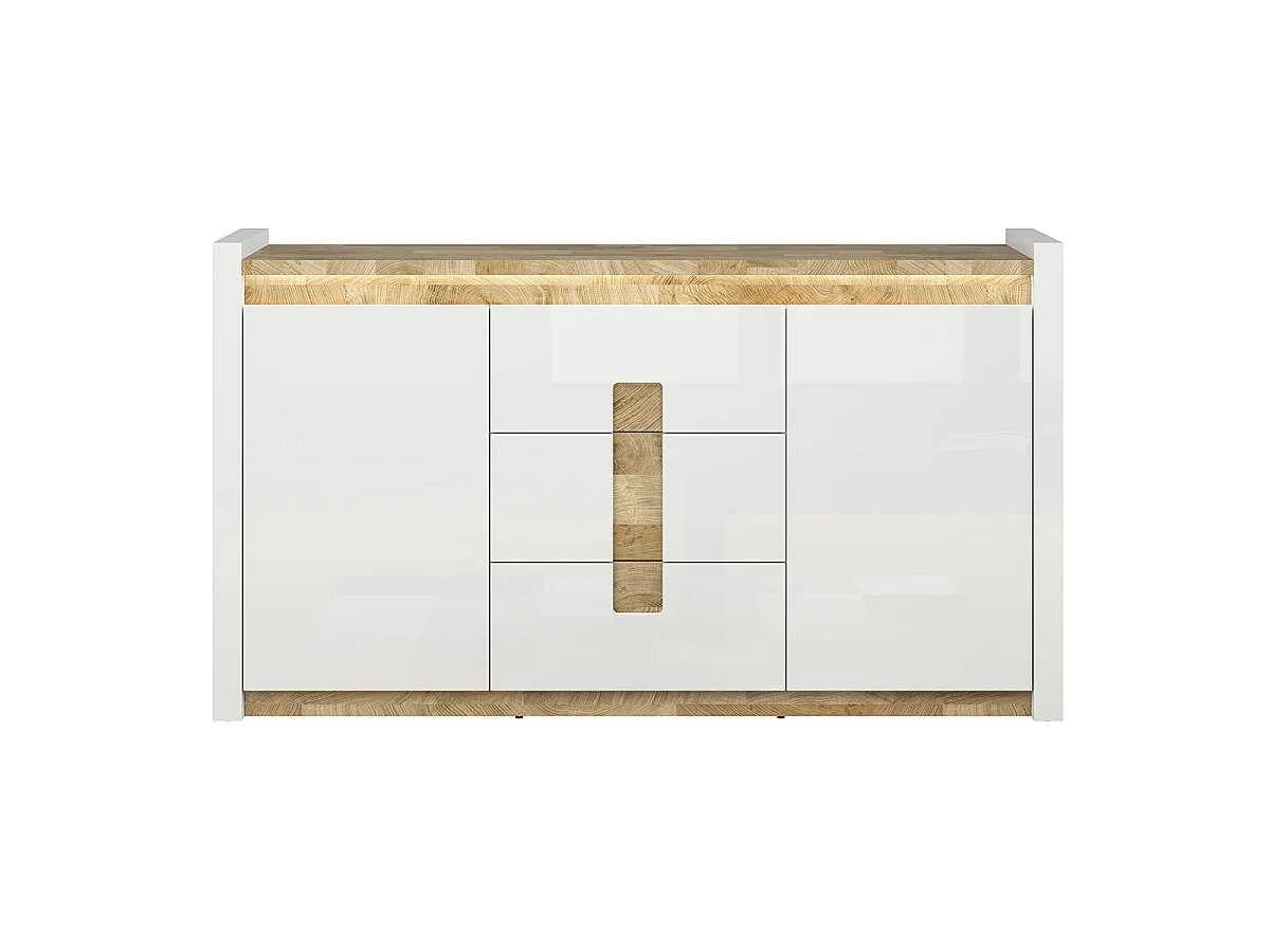 Buffet 2 portes 3 tiroirs avec LED Helios Blanc laqué et Bois