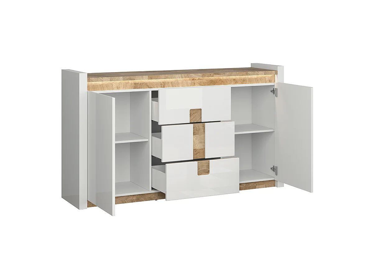 Buffet 2 portes 3 tiroirs avec LED Helios Blanc laqué et Bois