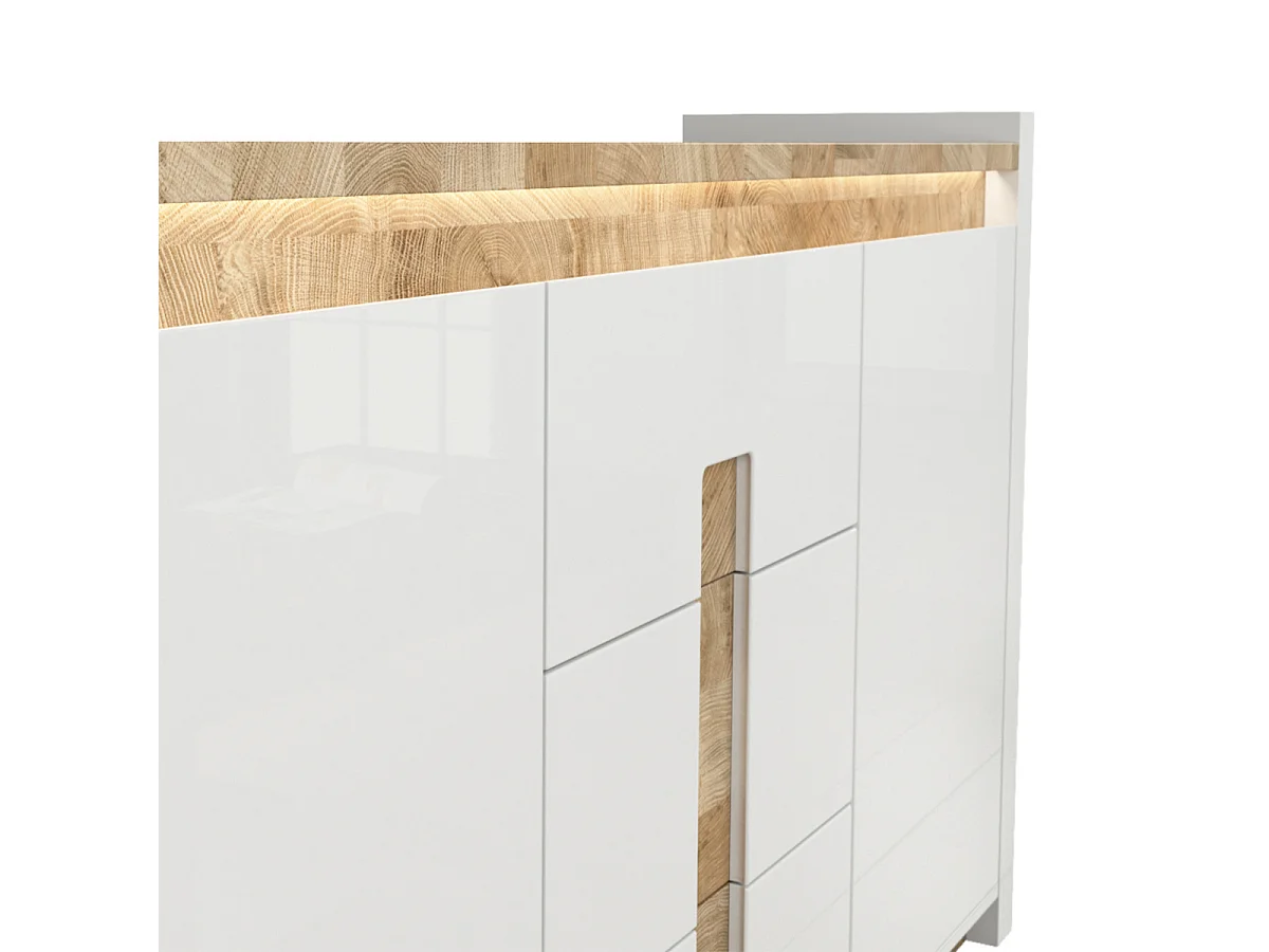 Buffet 2 portes 3 tiroirs avec LED Helios Blanc laqué et Bois