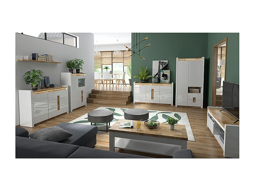 Buffet 2 portes 3 tiroirs avec LED Helios Blanc laqué et Bois