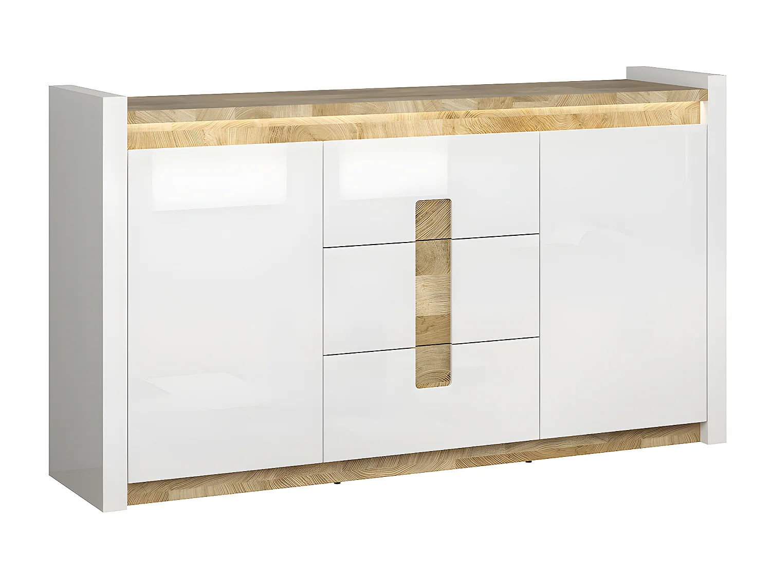 Buffet 2 portes 3 tiroirs avec LED Helios Blanc laqué et Bois