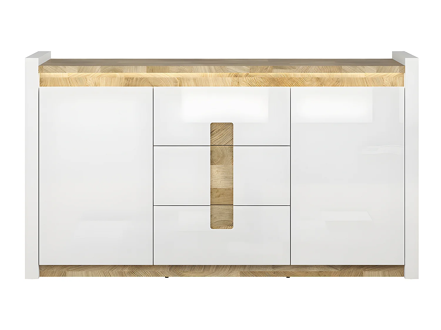 Buffet 2 portes 3 tiroirs avec LED Helios Blanc laqué et Bois