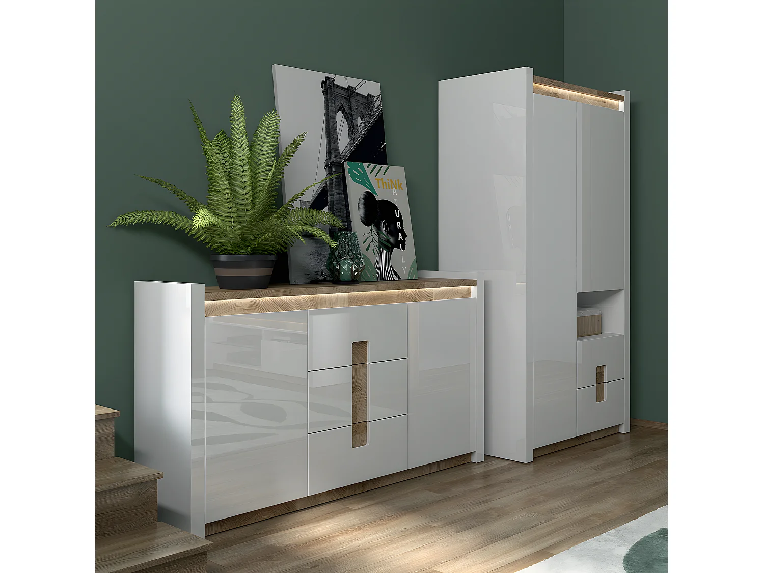Buffet 2 portes 3 tiroirs avec LED Helios Blanc laqué et Bois
