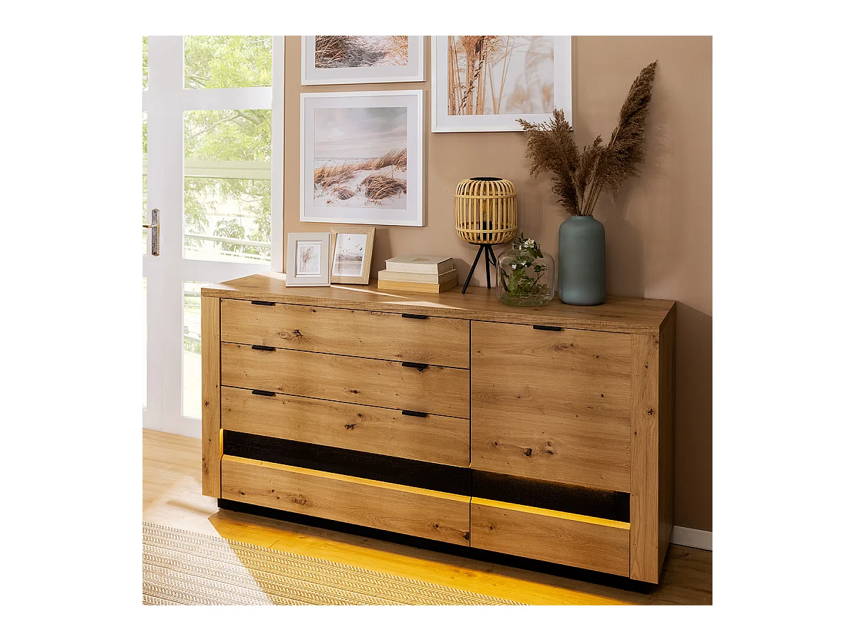 Buffet 1 porte 4 tiroirs avec LED Glenn Bois et Noir