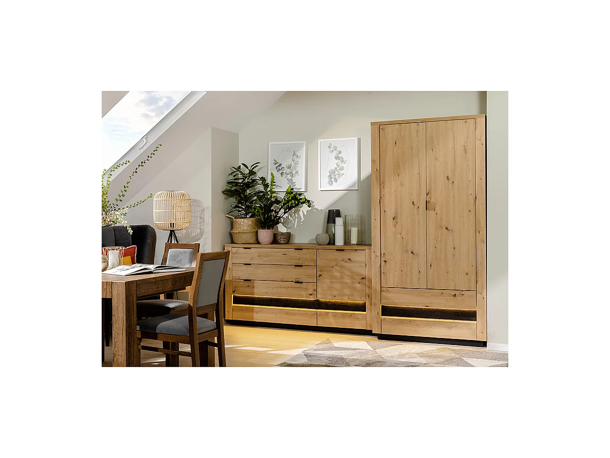 Buffet 1 porte 4 tiroirs avec LED Glenn Bois et Noir