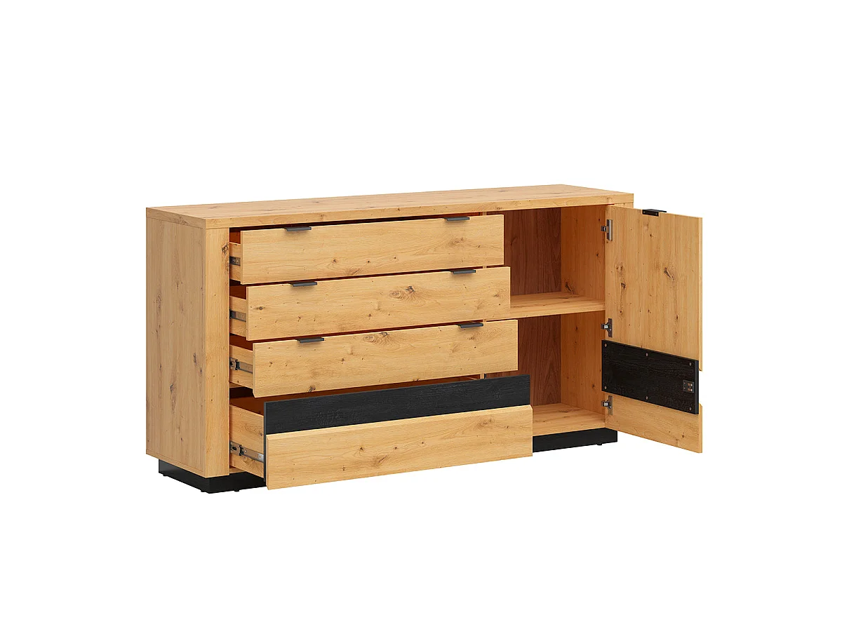 Buffet 1 porte 4 tiroirs avec LED Glenn Bois et Noir