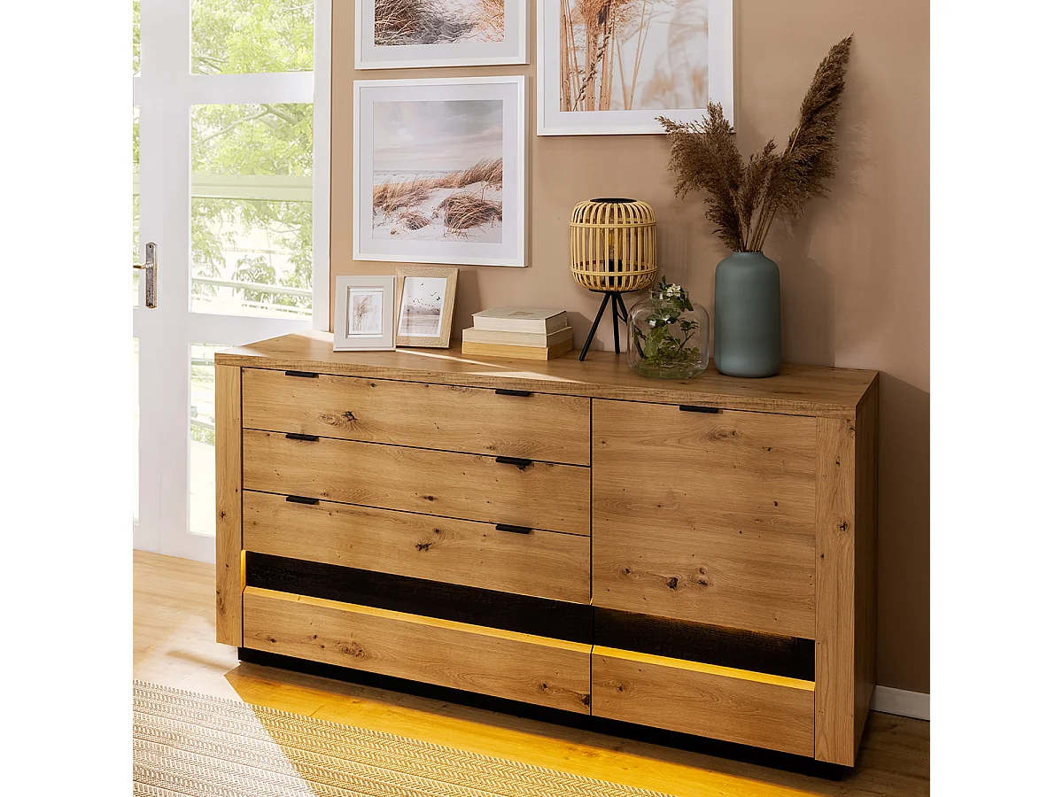 Buffet 1 porte 4 tiroirs avec LED Glenn Bois et Noir