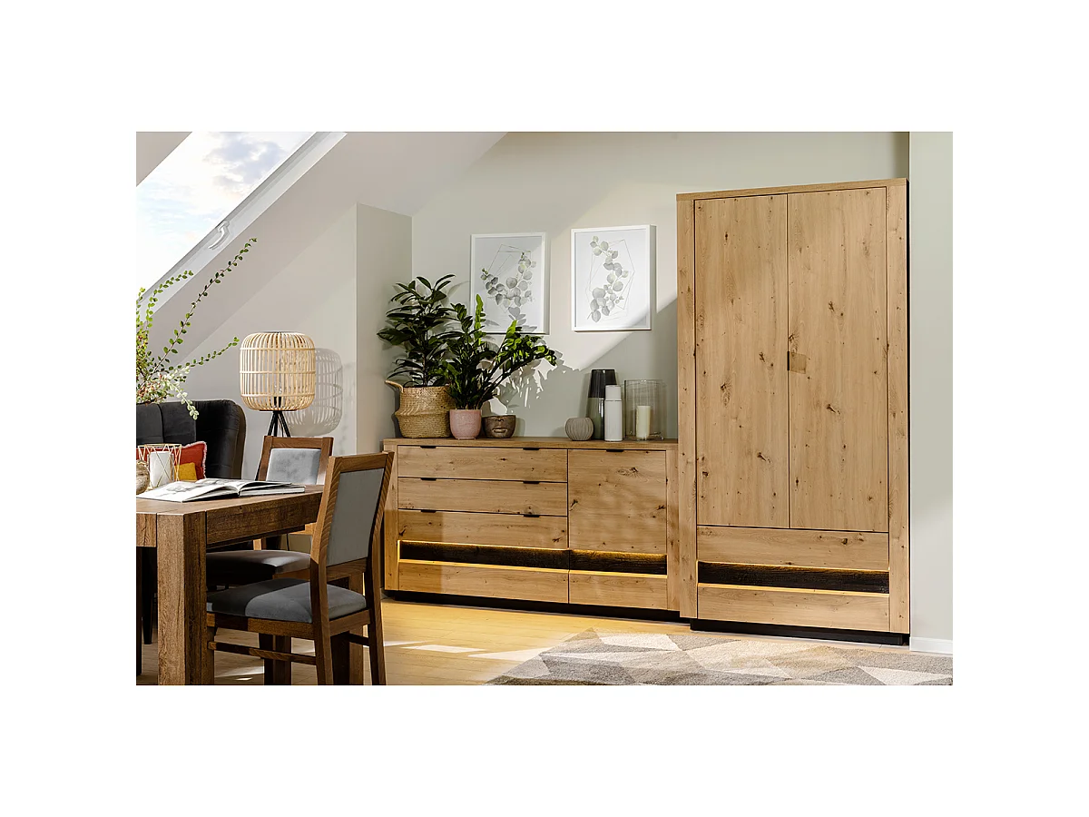 Buffet 1 porte 4 tiroirs avec LED Glenn Bois et Noir