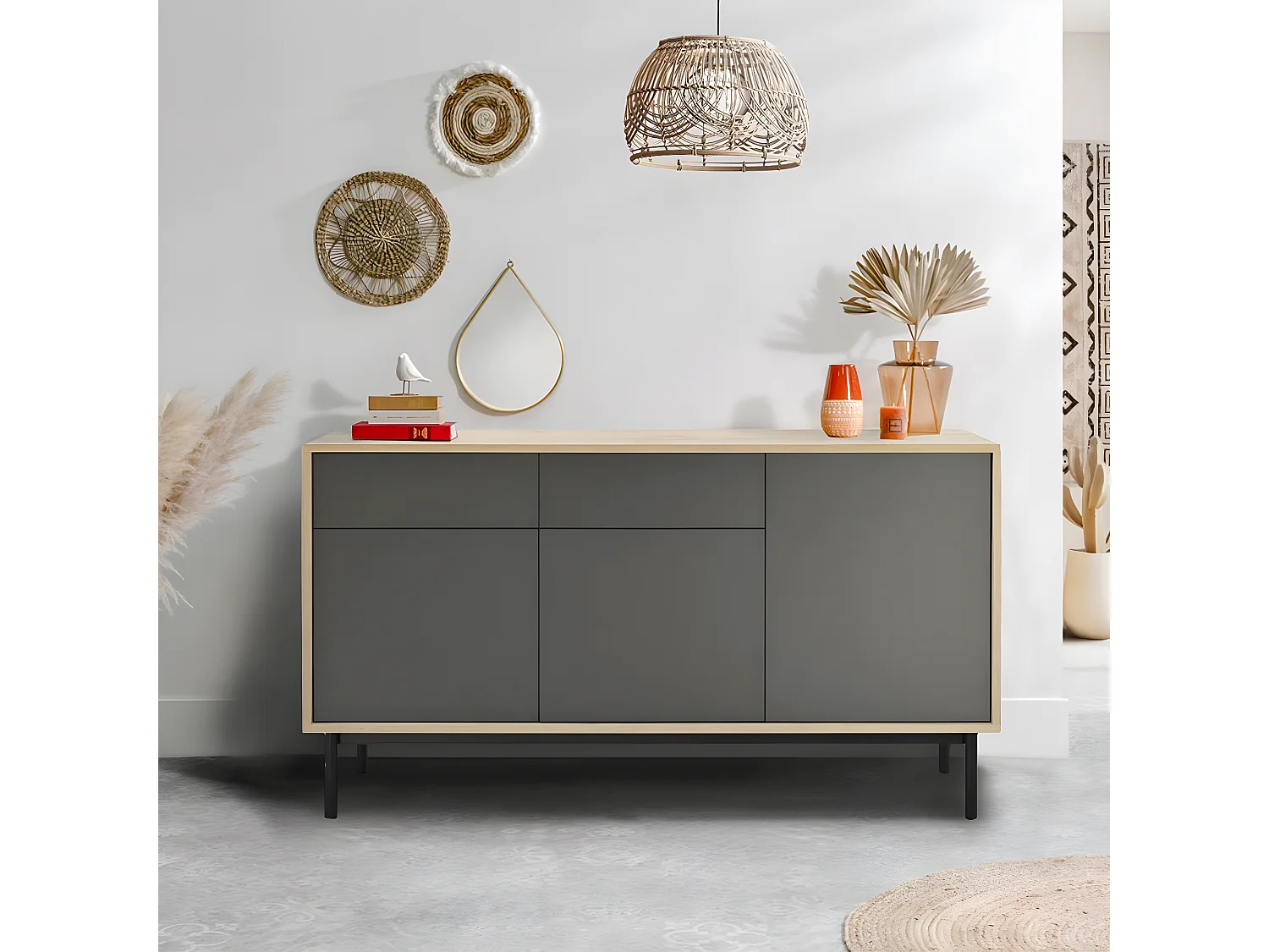 Buffet 3 portes 2 tiroirs Matheo Bois et Gris anthracite mat