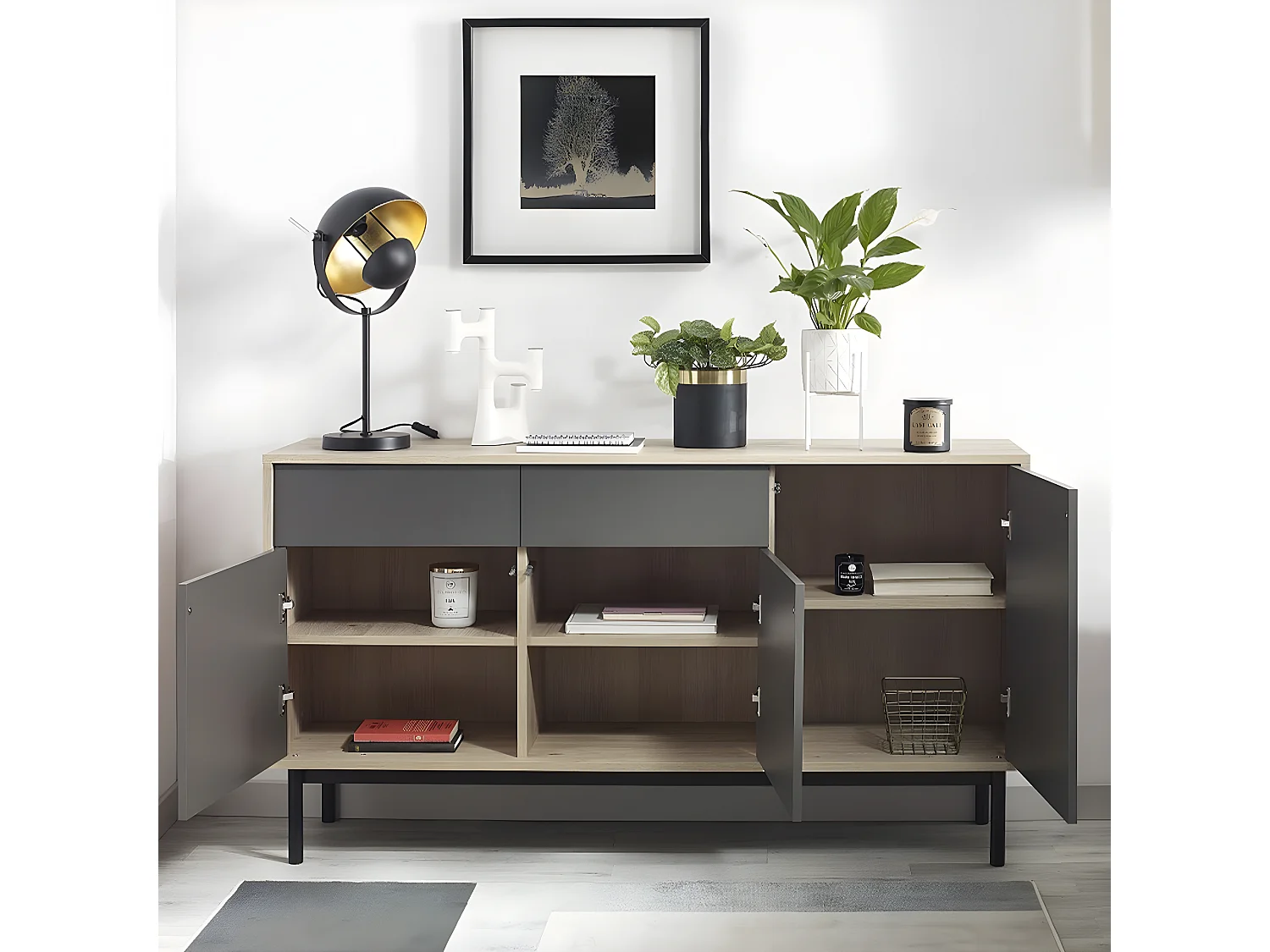 Buffet 3 portes 2 tiroirs Matheo Bois et Gris anthracite mat
