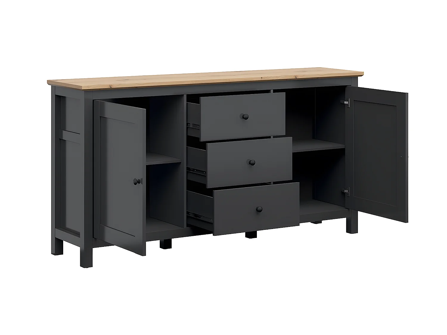 2-deurs dressoir met 3 laden Eend Charcoal grijs en Hout