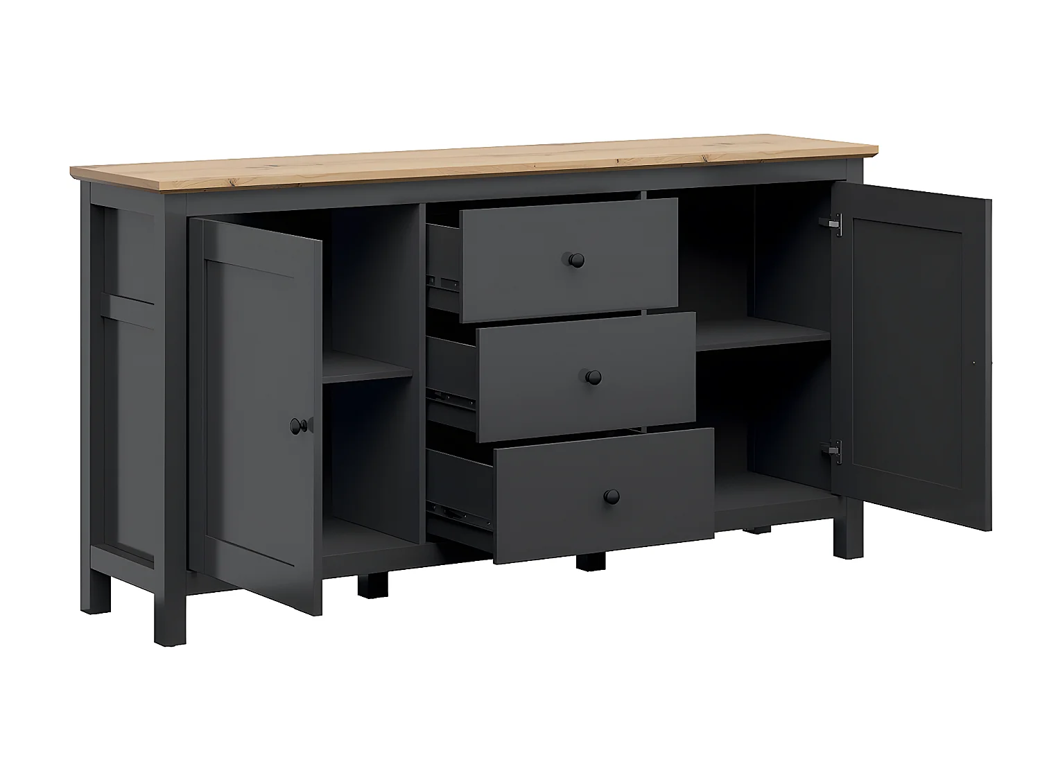 2-deurs dressoir met 3 laden Eend Charcoal grijs en Hout