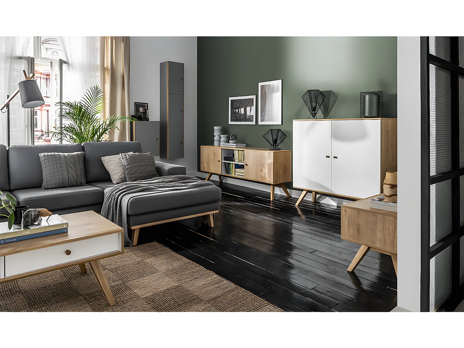 Buffet long et bas 2 portes Nature Bois