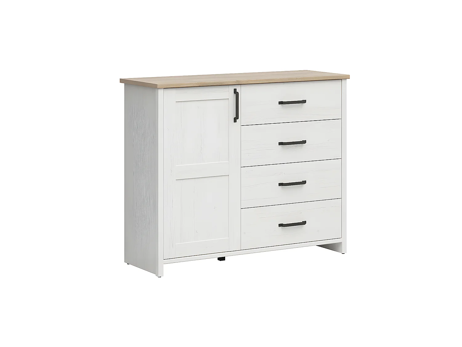 Buffet 1 porte 4 tiroirs Aksel Blanc et Bois