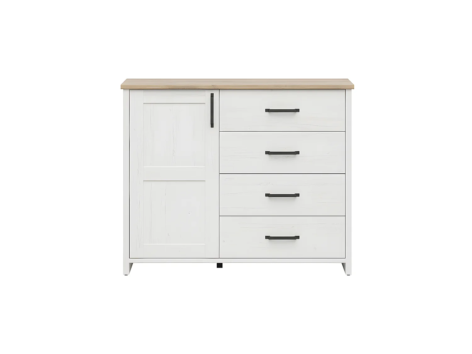 Buffet 1 porte 4 tiroirs Aksel Blanc et Bois