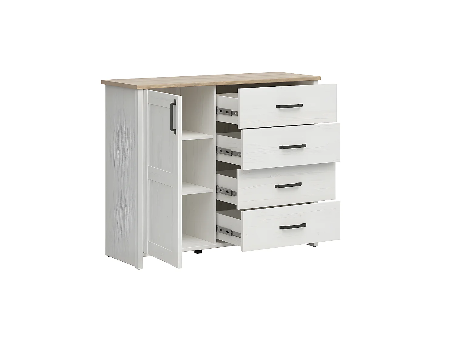 Buffet 1 porte 4 tiroirs Aksel Blanc et Bois