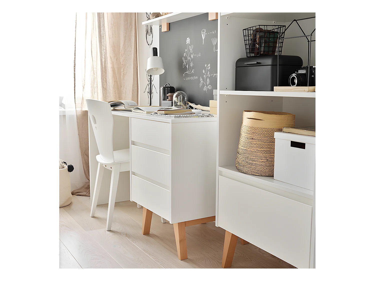 Bureau 3 tiroirs Swing - Blanc et bois