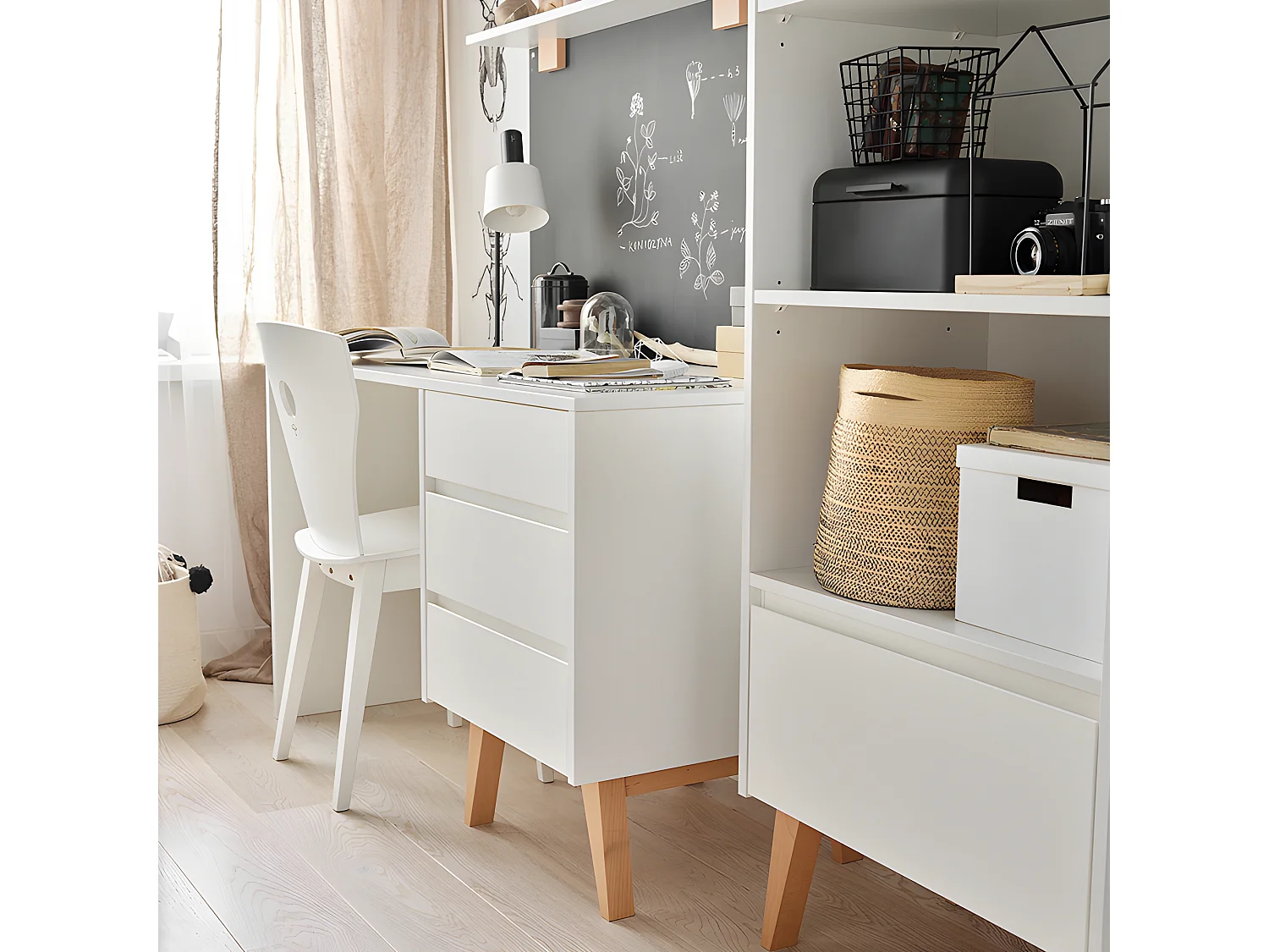 Bureau 3 tiroirs Swing - Blanc et bois