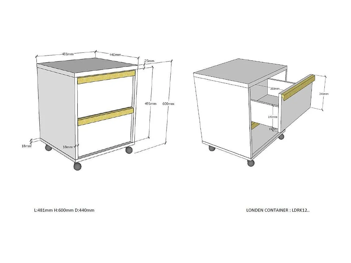 Caisson de Bureau 2 Tiroirs "London" 60cm Blanc