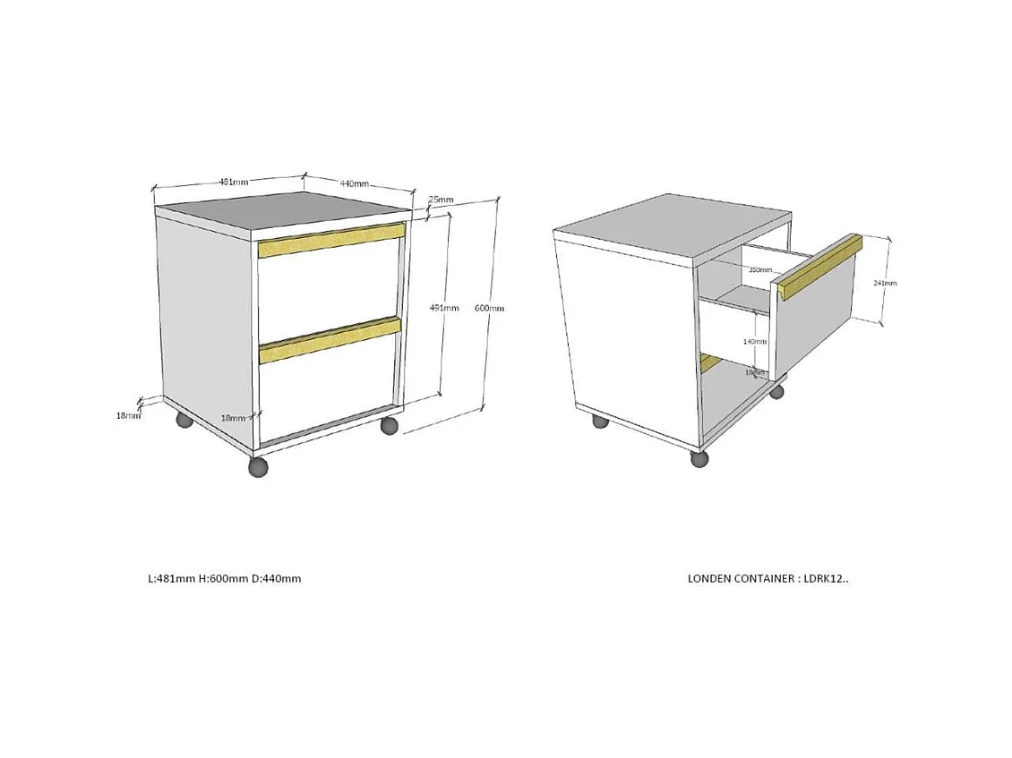 Mesita de noche con ruedas London 2 cajones madera blanco