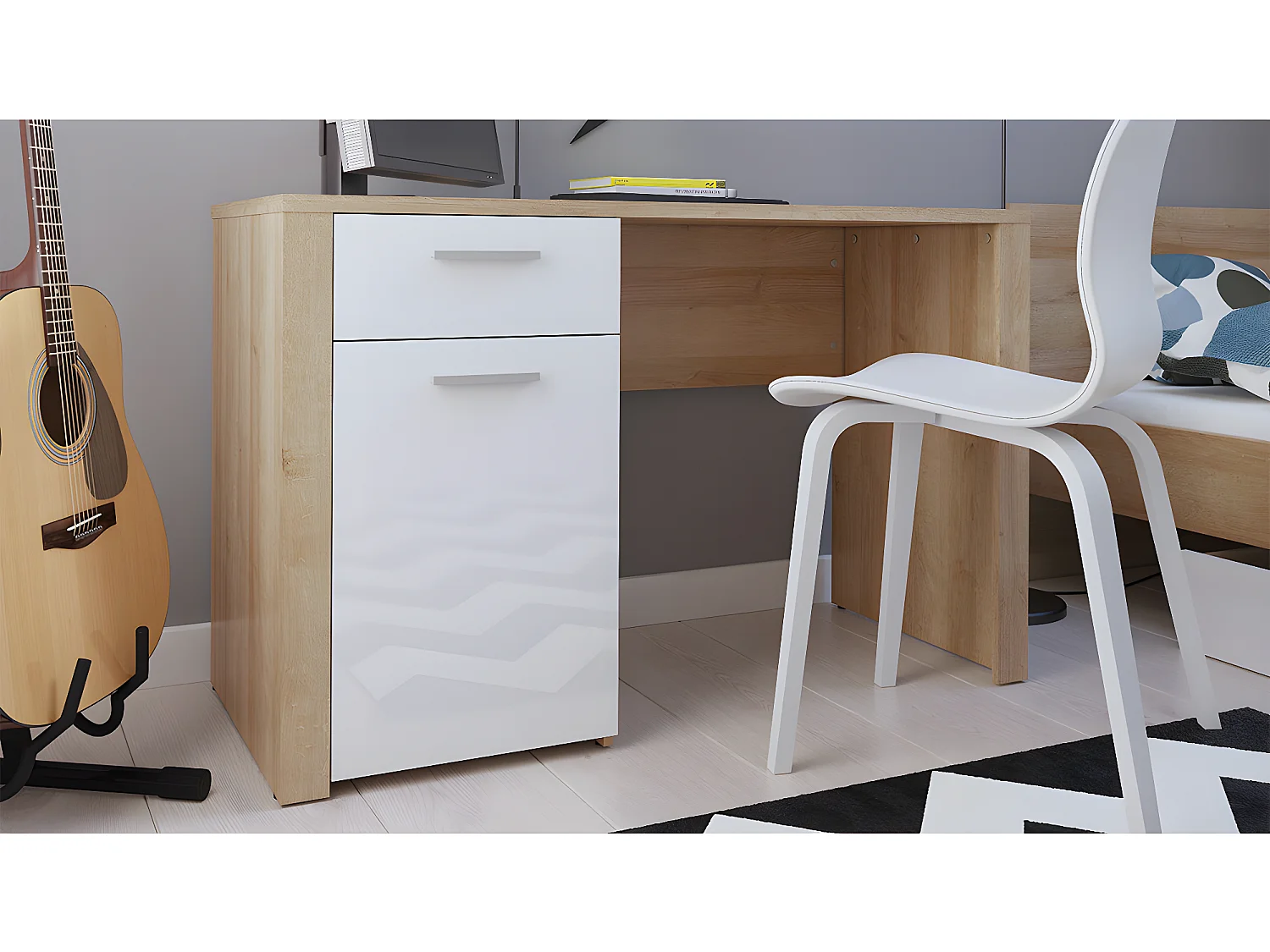 Secretária 1 porta 1 gaveta Nora branco e madeira 77cm