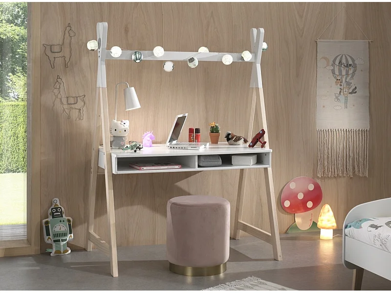 Tipi kinderbureau met 2 nissen in wit gelakt hout en licht grenen poten Kiddy