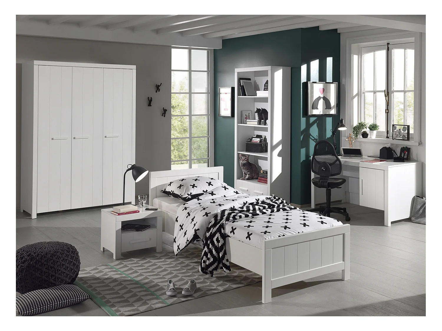 Escritorio Erik de 1 puerta de pino macizo lacado en blanco