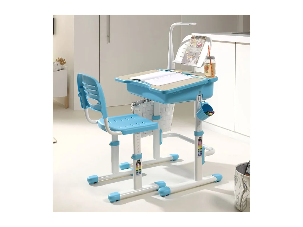 Verstelbaar bureau in blauw metaal en licht hout Comfortline