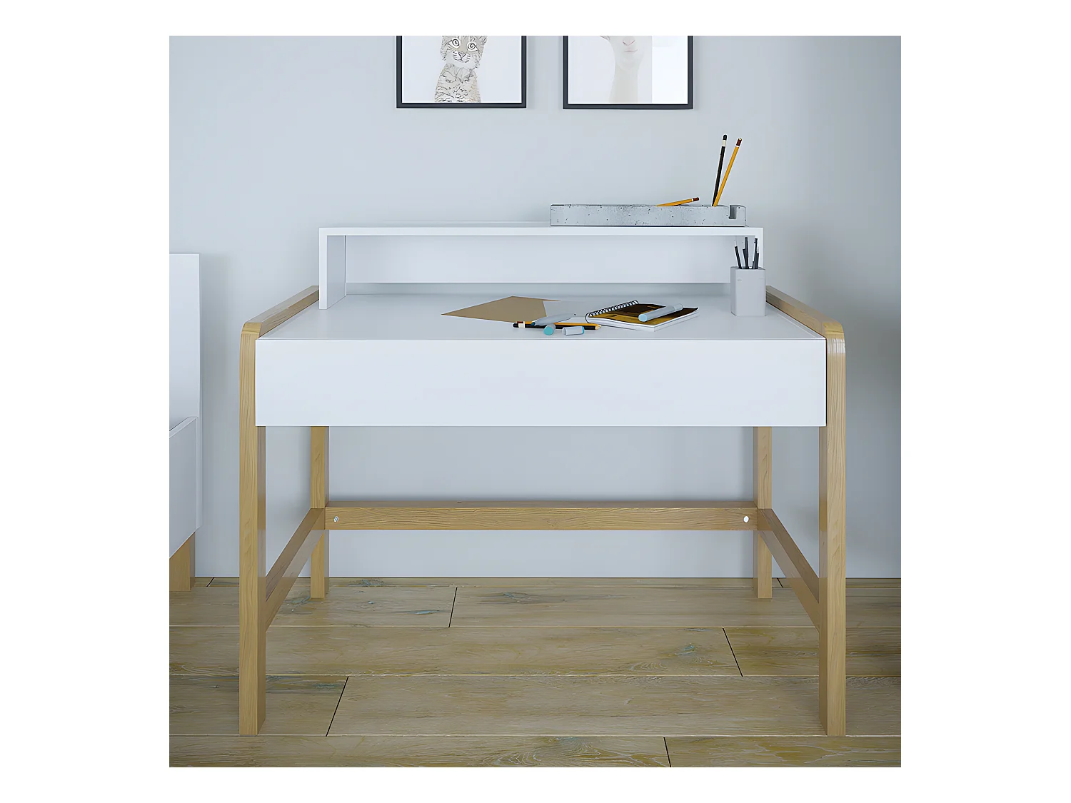 Bureau 1 tiroir Victor - Blanc et Chêne