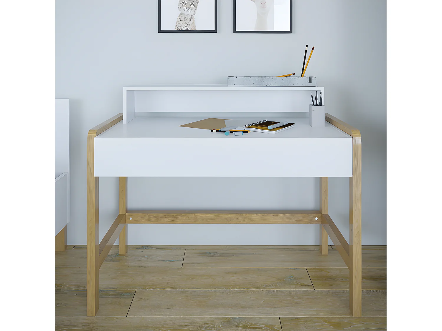 Bureau 1 tiroir Victor - Blanc et Chêne