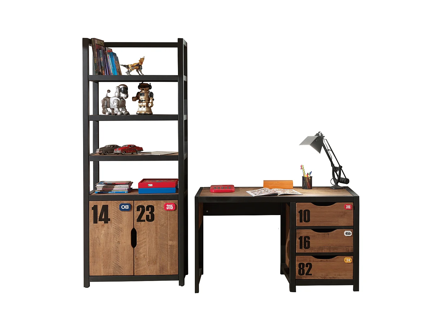 Alex bureau van massief grenen donker en zwart met 3 lades