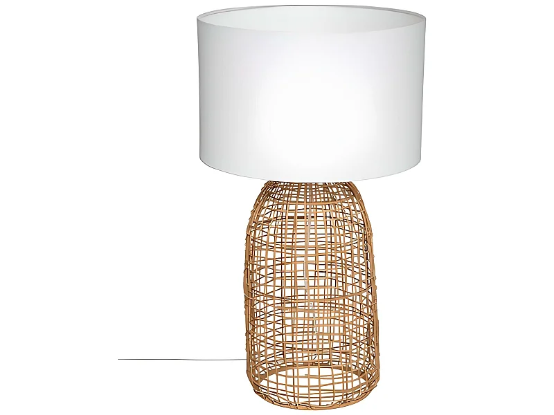 Lampe à poser en rotin coloris naturel et polyester blanc - Diamètre 32 x hauteur 55 cm