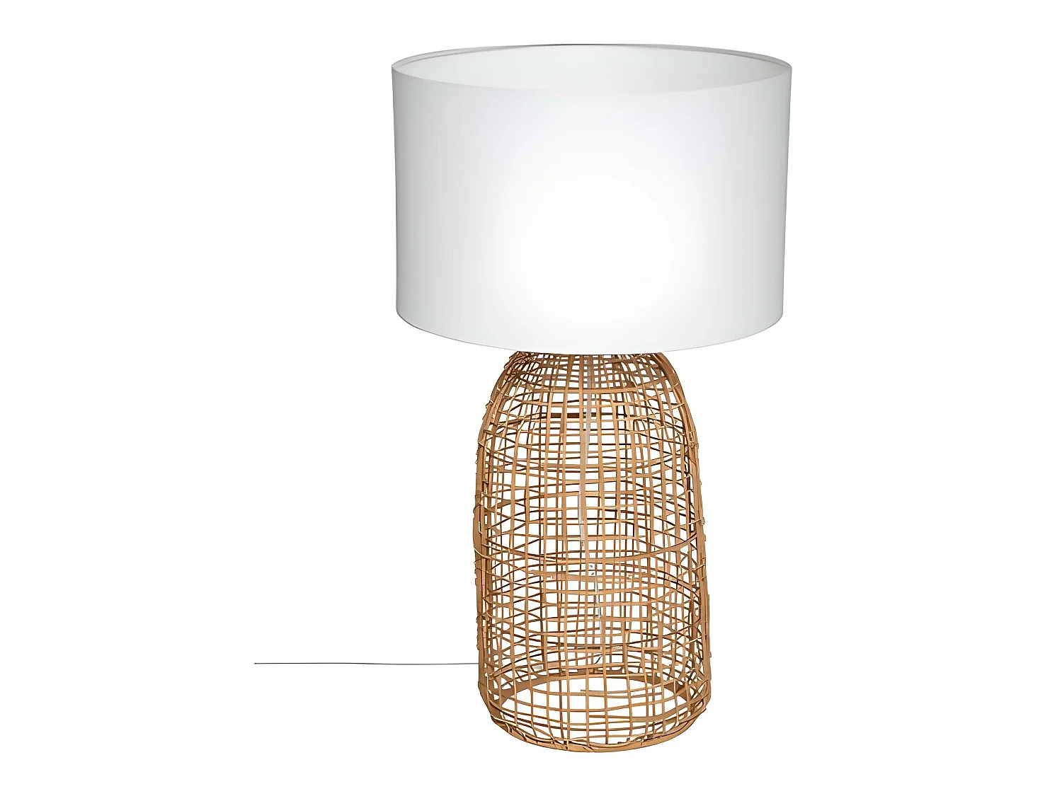 Lampe à poser en rotin coloris naturel et polyester blanc - Diamètre 32 x hauteur 55 cm