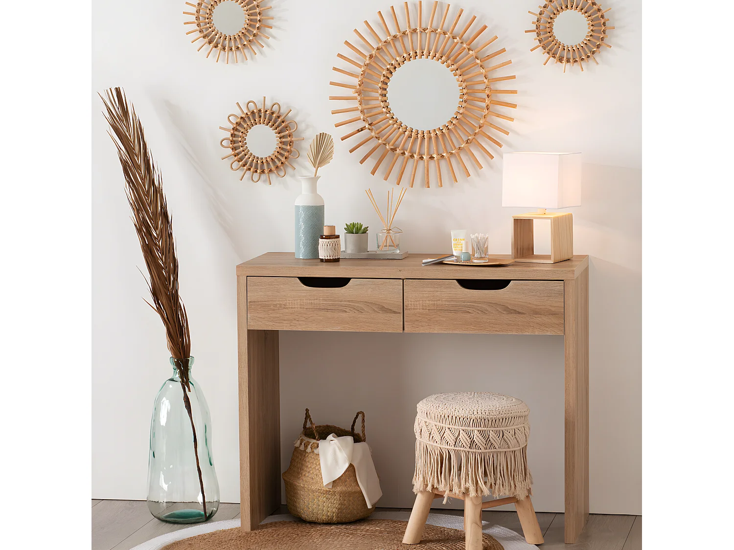 Lampe à poser carrée en bois coloris blanc et naturel - Longueur 18 x Profondeur 18 x Hauteur 32 cm