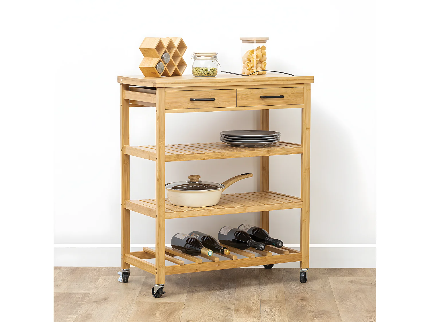 Grande desserte de cuisine en bambou coloris naturel - Longueur 75 x Profondeur 38 x Hauteur 90 cm