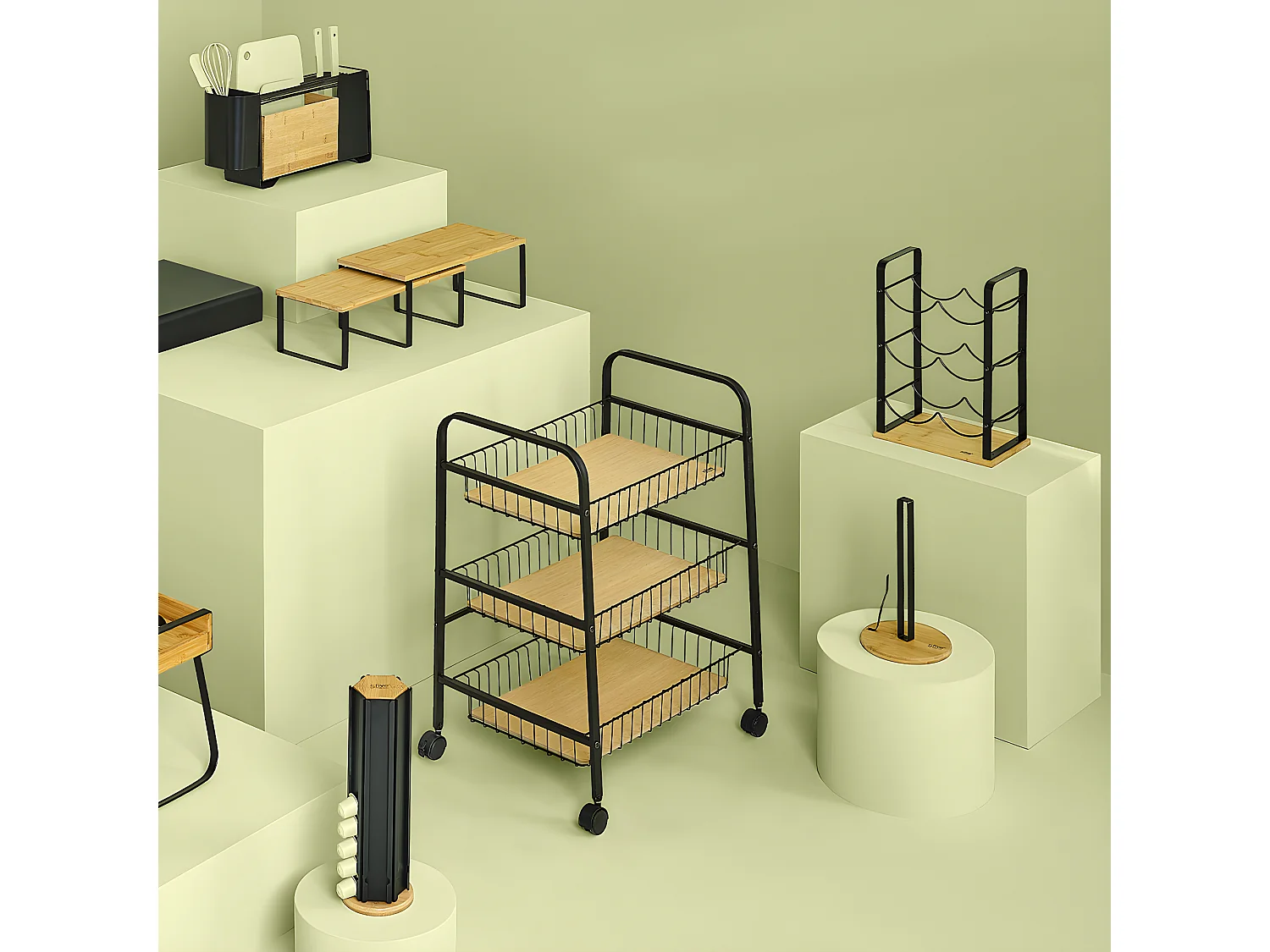 Rack à bouteilles en métal noir et bambou coloris naturel - Longueur 25,5 x Profondeur 17 x Hauteur 38 cm